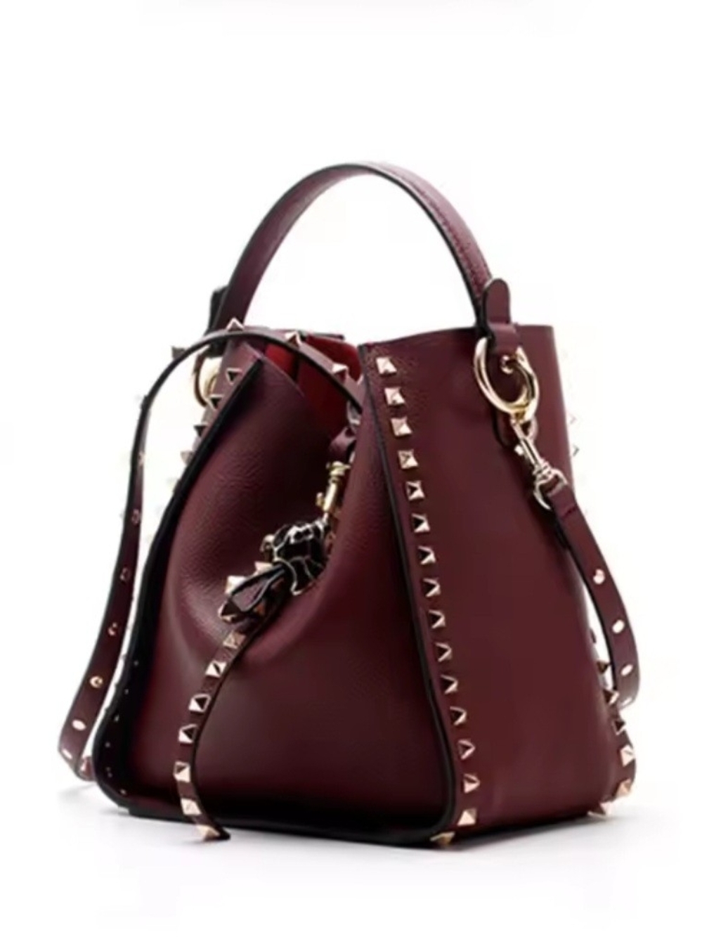 Studded Burgundy Leather Bucket Bag - Picture 2 of 16